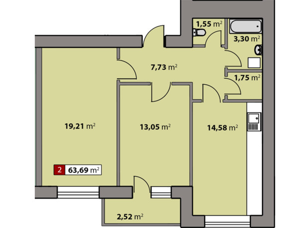 ЖК Парковый квартал: планировка 2-комнатной квартиры 63.69 м²