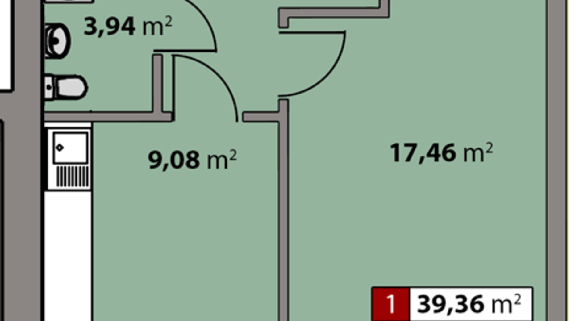 Планування 1-кімнатної квартири в ЖК Парковий квартал 39.36 м², фото 506775