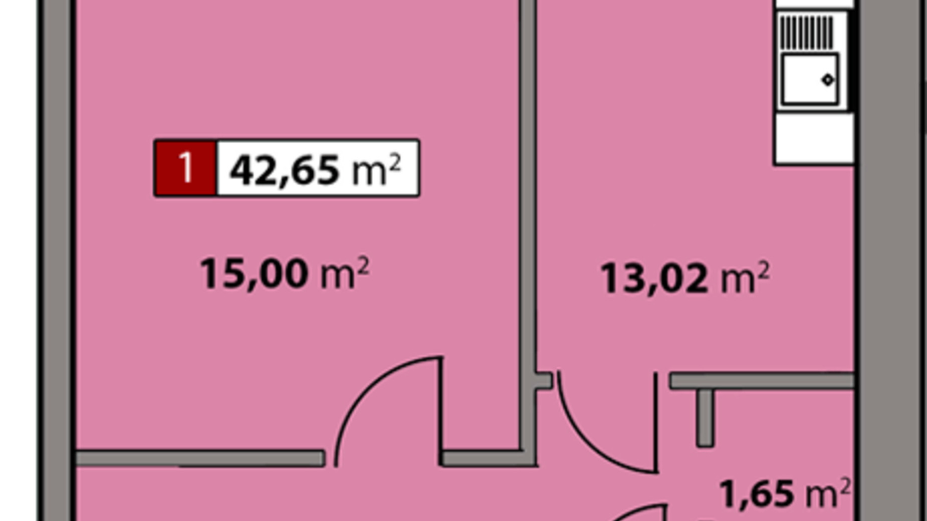 Планировка 1-комнатной квартиры в ЖК Парковый квартал 42.65 м², фото 506776