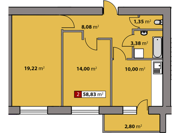 ЖК Парковый квартал: планировка 2-комнатной квартиры 58.83 м²