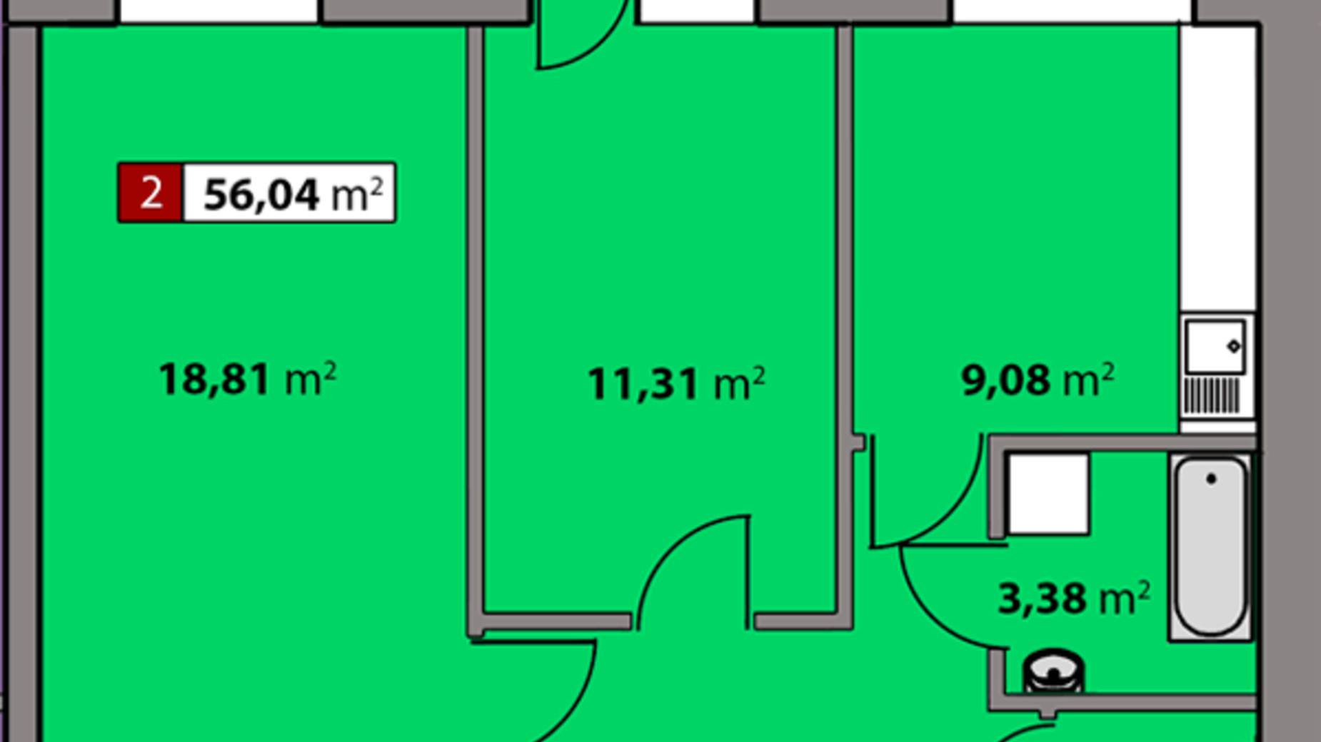 Планування 2-кімнатної квартири в ЖК Парковий квартал 56.04 м², фото 506779