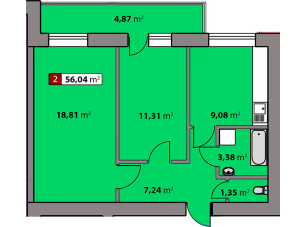ЖК Парковый квартал: планировка 2-комнатной квартиры 56.04 м²