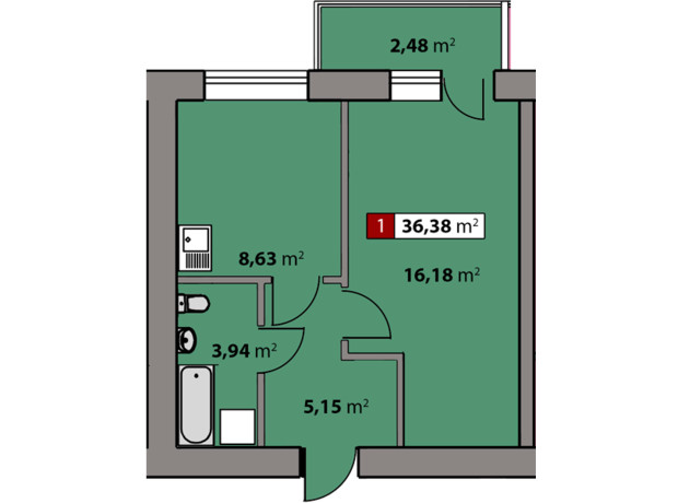 ЖК Парковий квартал: планування 1-кімнатної квартири 36.38 м²