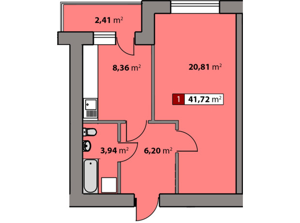 ЖК Парковый квартал: планировка 1-комнатной квартиры 41.72 м²