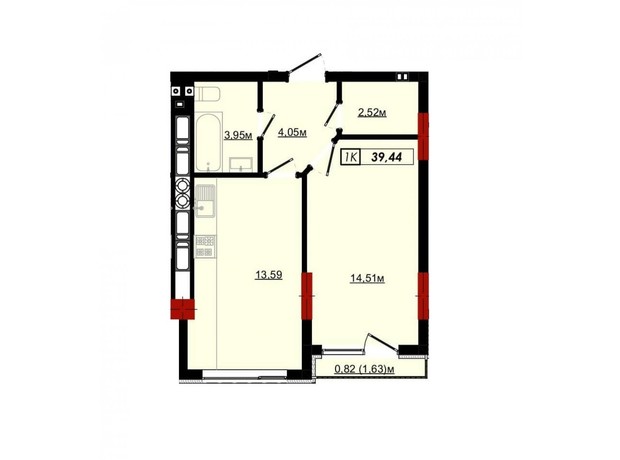 ЖК Імперія: планування 1-кімнатної квартири 42.3 м²
