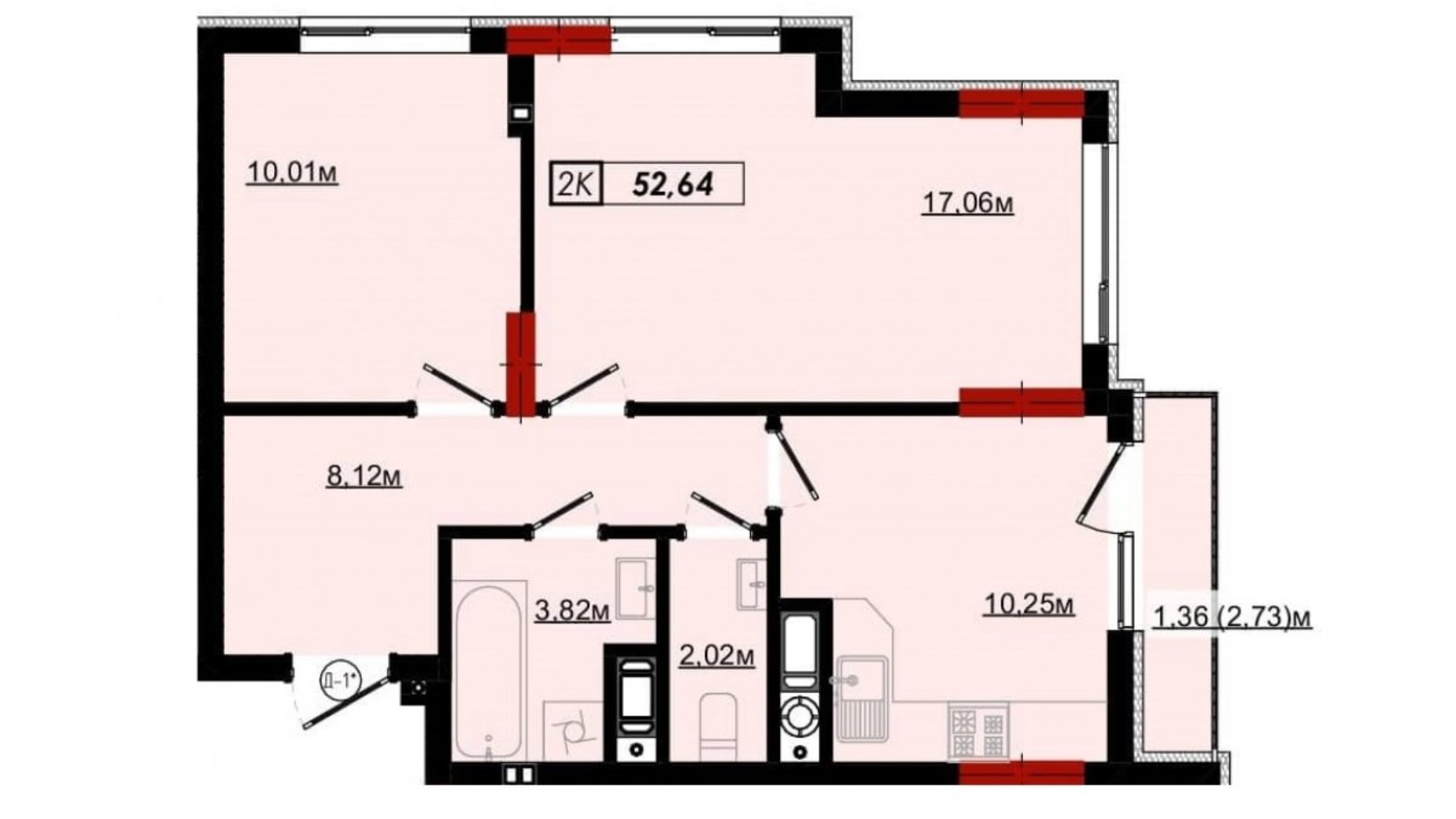 Планування 2-кімнатної квартири в ЖК Імперія 54.6 м², фото 506836