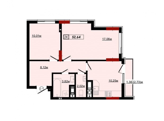 ЖК Империя: планировка 2-комнатной квартиры 54.6 м²