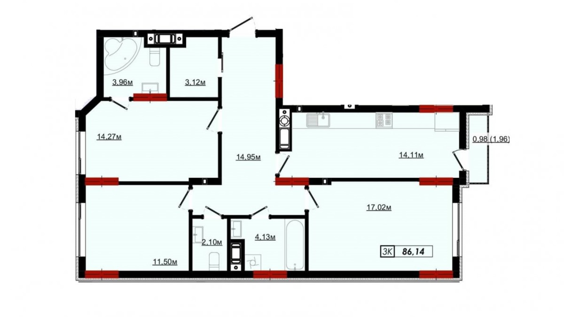Планування 3-кімнатної квартири в ЖК Імперія 86.14 м², фото 506838
