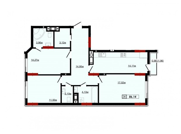 ЖК Империя: планировка 3-комнатной квартиры 93.2 м²