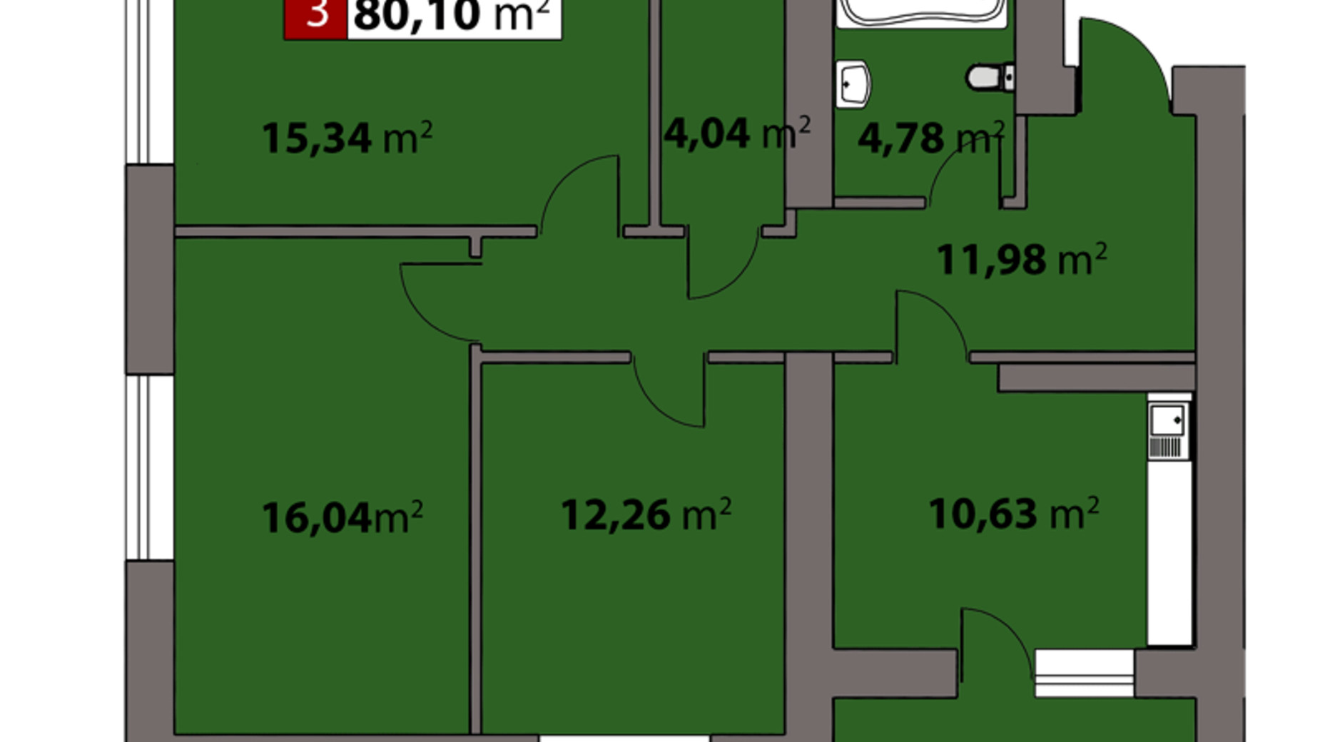 Планування 3-кімнатної квартири в ЖК Парковий на Дніпрі 80.1 м², фото 506852