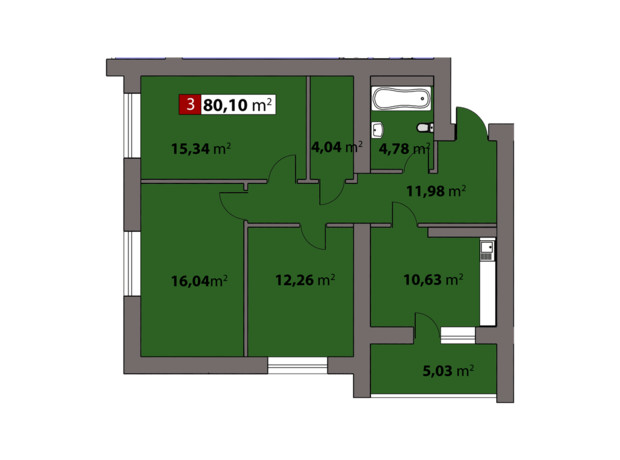 ЖК Парковый на Днепре: планировка 3-комнатной квартиры 80.1 м²