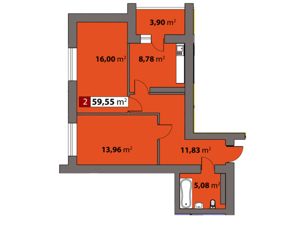 ЖК Парковий на Дніпрі: планування 2-кімнатної квартири 59.55 м²