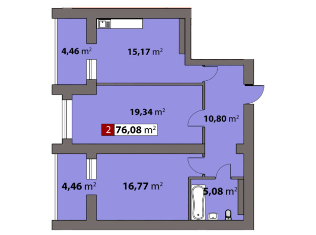 ЖК Парковый на Днепре: планировка 2-комнатной квартиры 76.08 м²