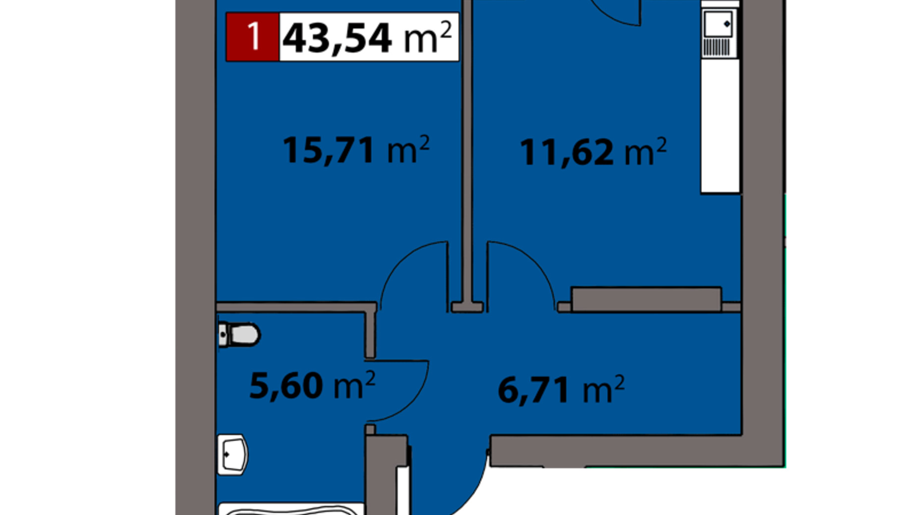 Планування 1-кімнатної квартири в ЖК Парковий на Дніпрі 43.54 м², фото 506863