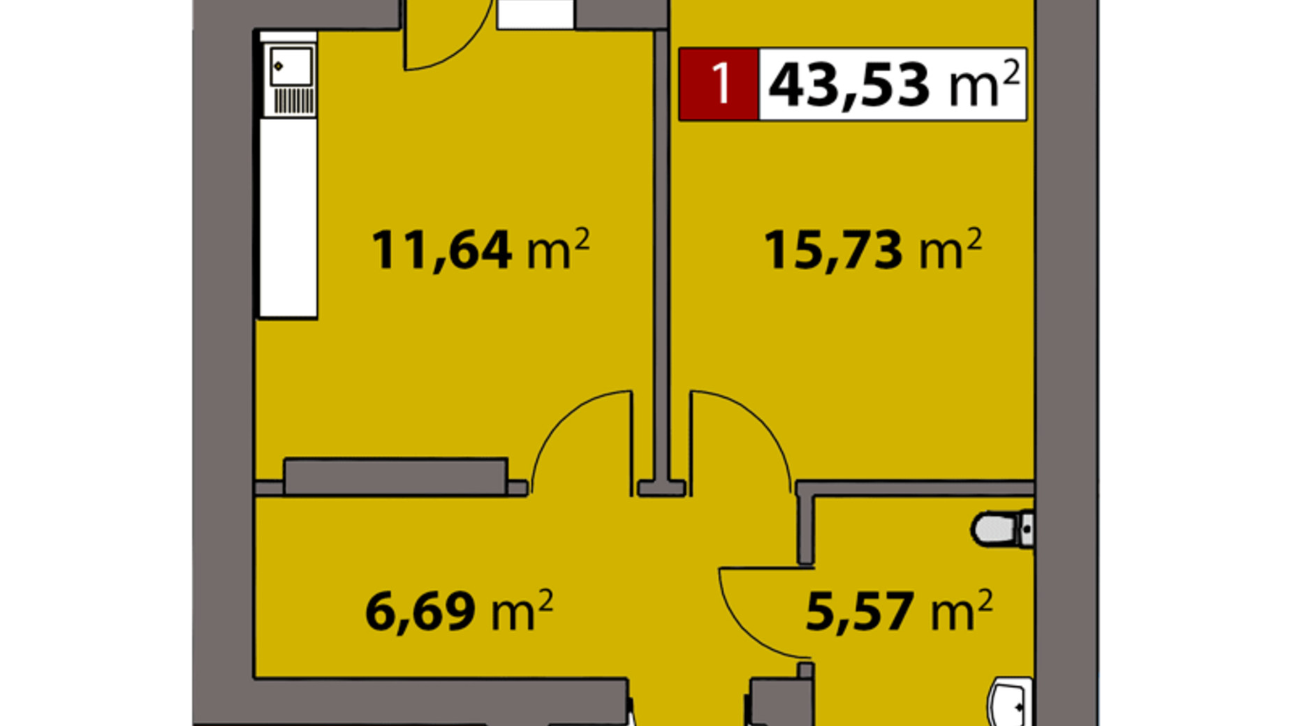 Планування 1-кімнатної квартири в ЖК Парковий на Дніпрі 43.53 м², фото 506867