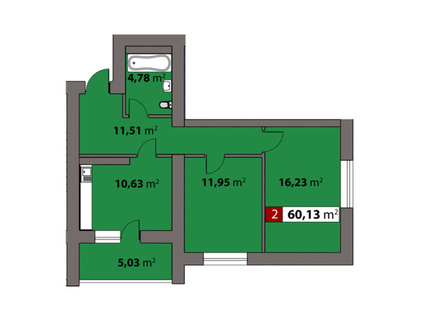 ЖК Парковий на Дніпрі: планування 2-кімнатної квартири 60.13 м²