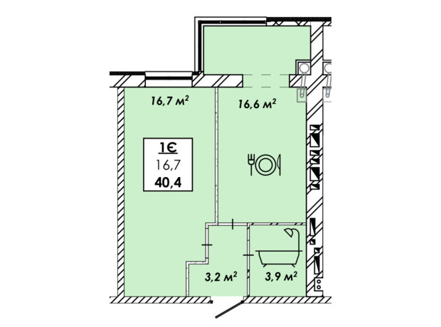 ЖК Рідний Дім: планування 1-кімнатної квартири 40.4 м²