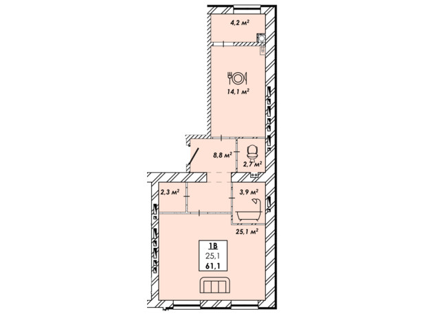 ЖК Родной дом: планировка 1-комнатной квартиры 61.1 м²