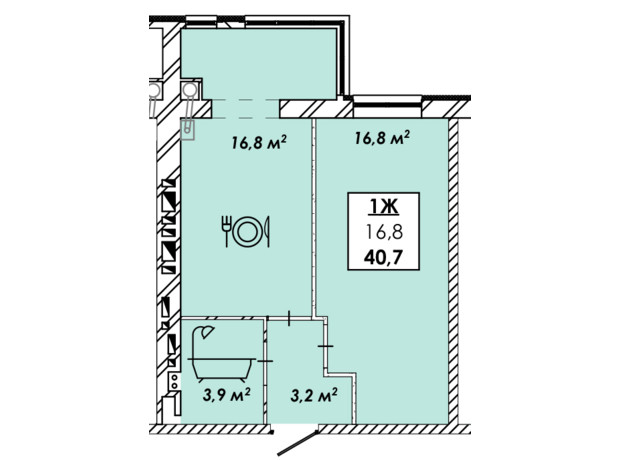 ЖК Рідний Дім: планування 1-кімнатної квартири 40.7 м²