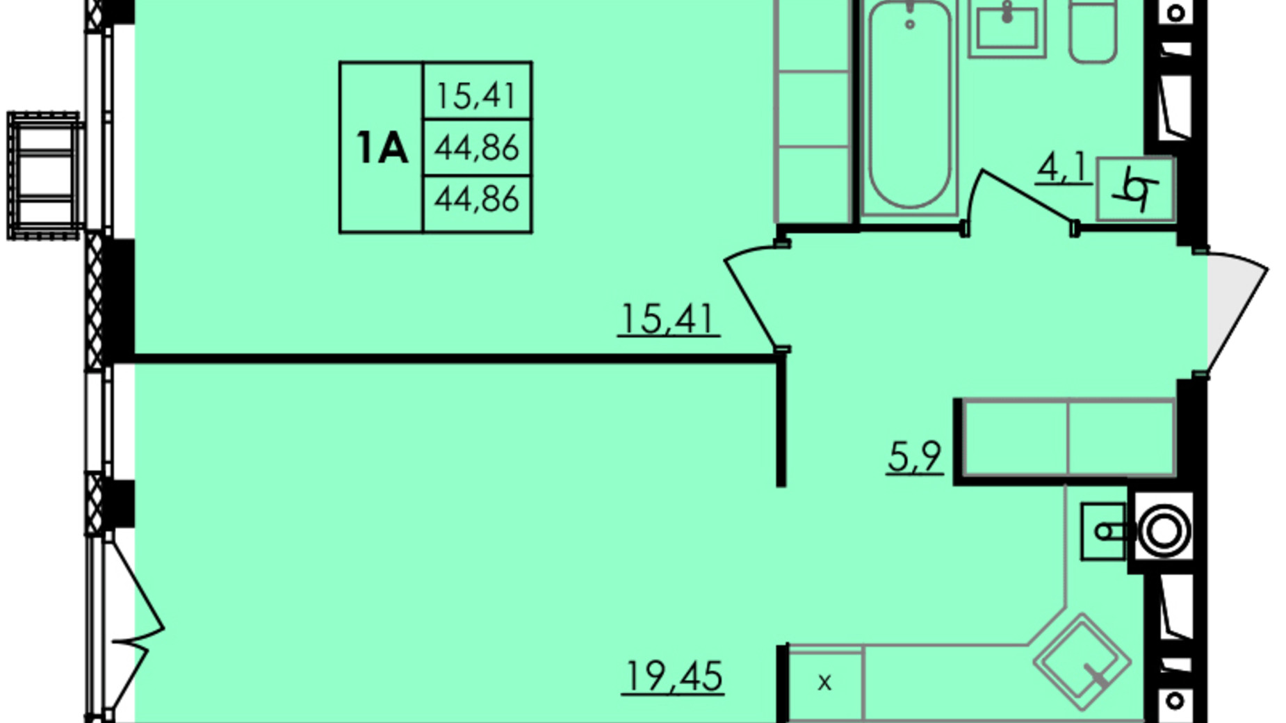 Планування 1-кімнатної квартири в ЖК City Park 44.86 м², фото 506973