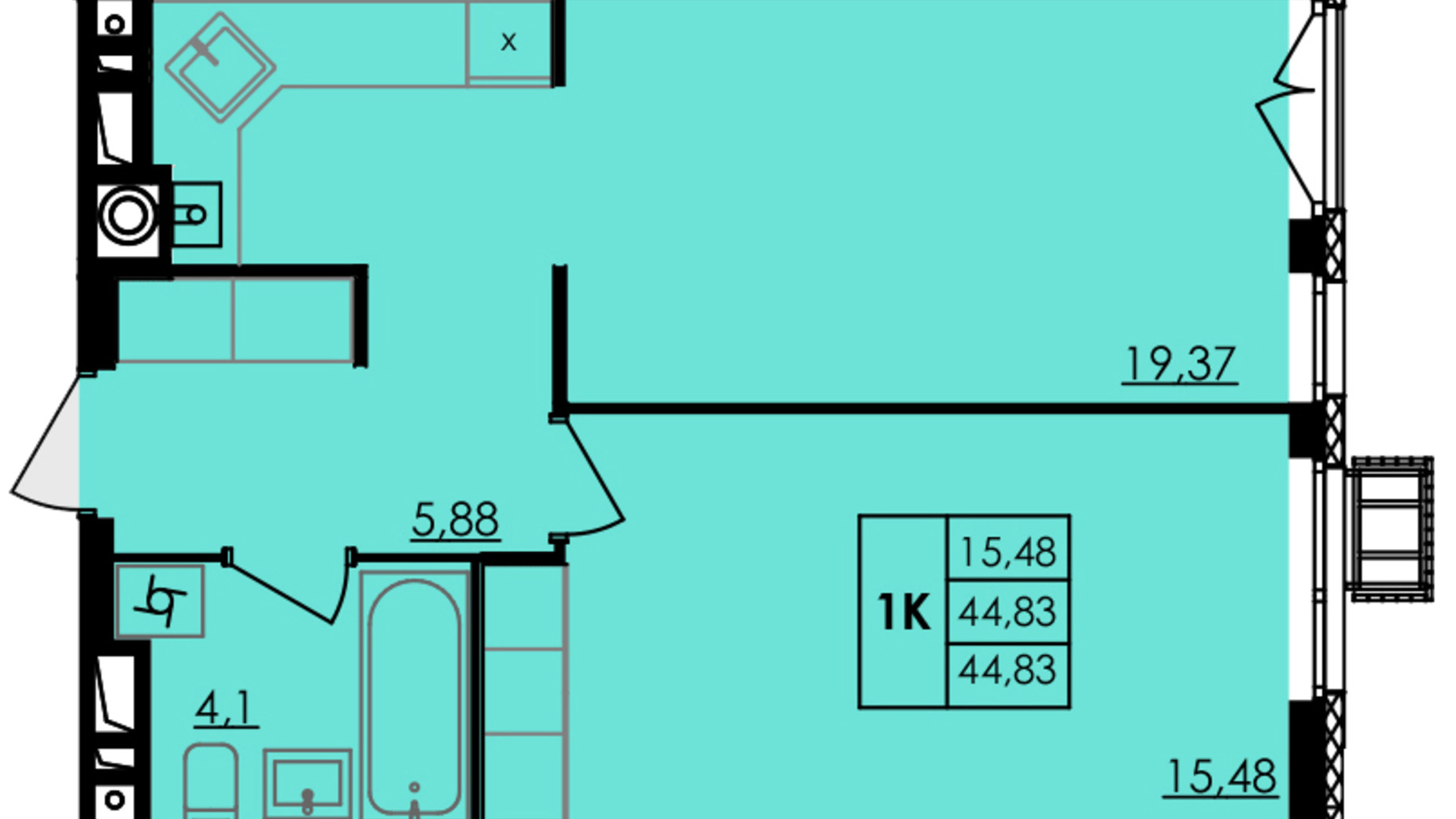 Планировка 1-комнатной квартиры в ЖК City Park 44.83 м², фото 506974