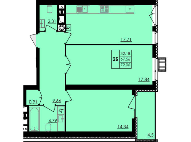 ЖК City Park: планування 2-кімнатної квартири 72.06 м²