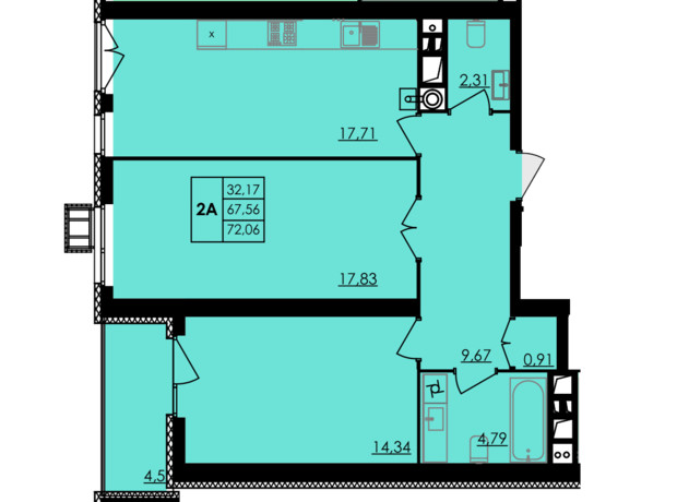 ЖК City Park: планування 2-кімнатної квартири 72.06 м²