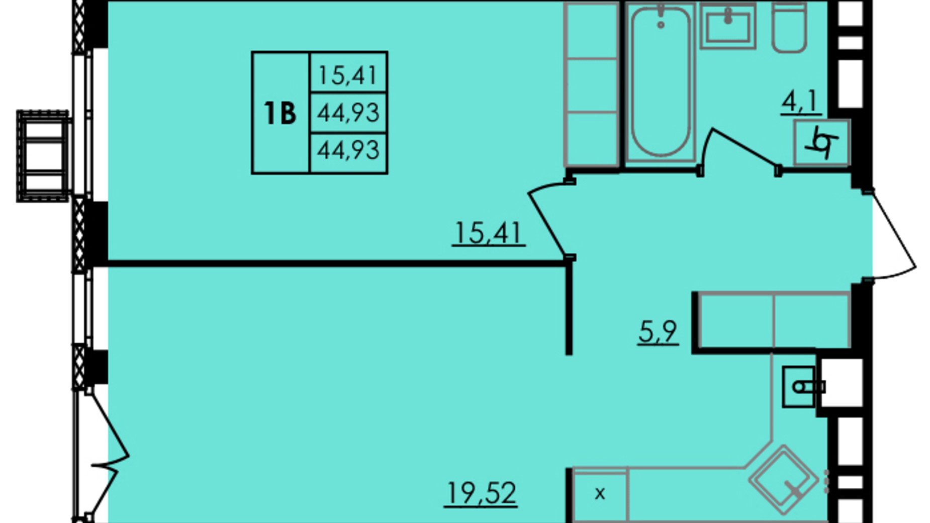 Планировка 1-комнатной квартиры в ЖК City Park 44.57 м², фото 506992