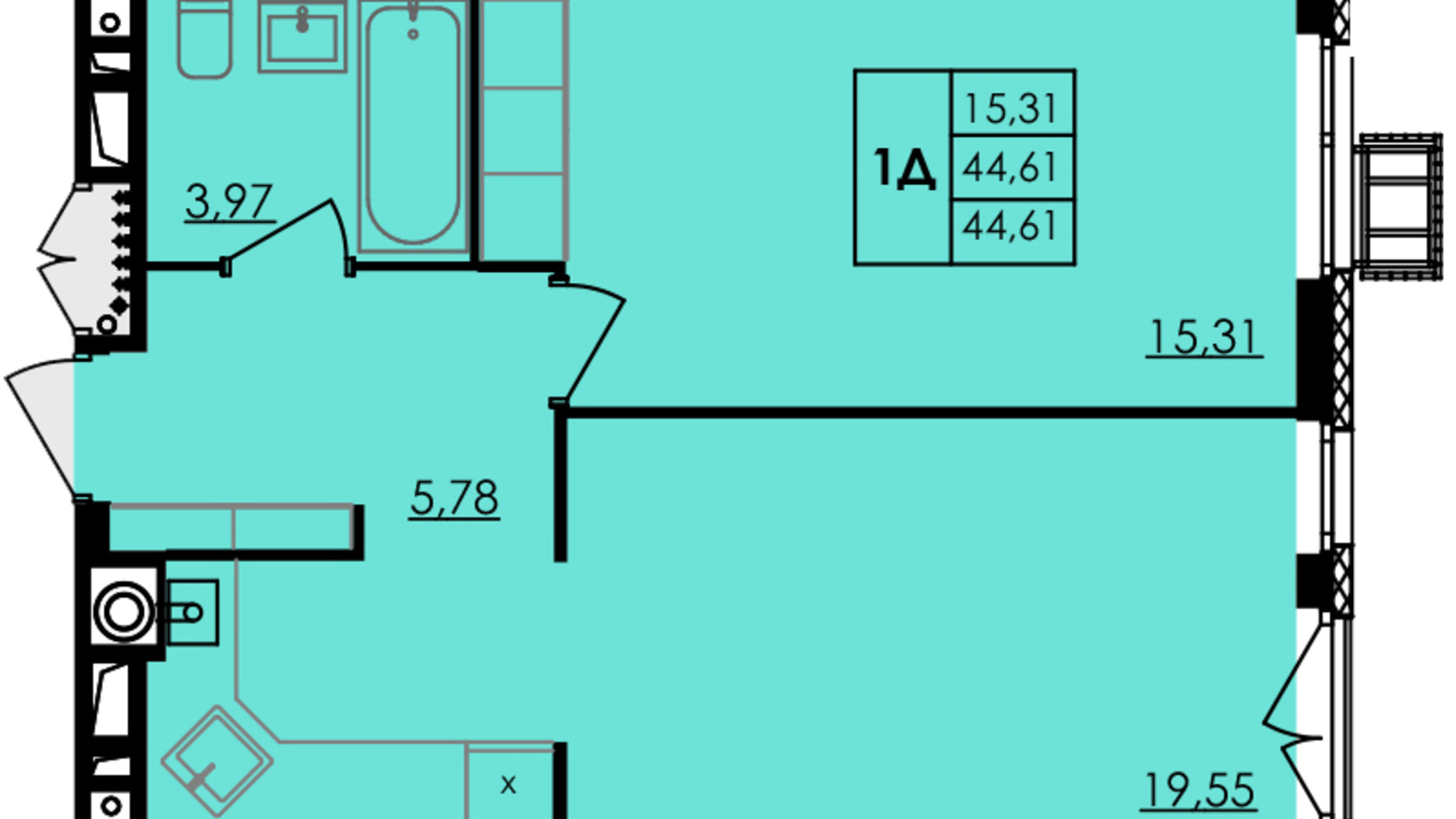 Планировка 1-комнатной квартиры в ЖК City Park 44.61 м², фото 506994