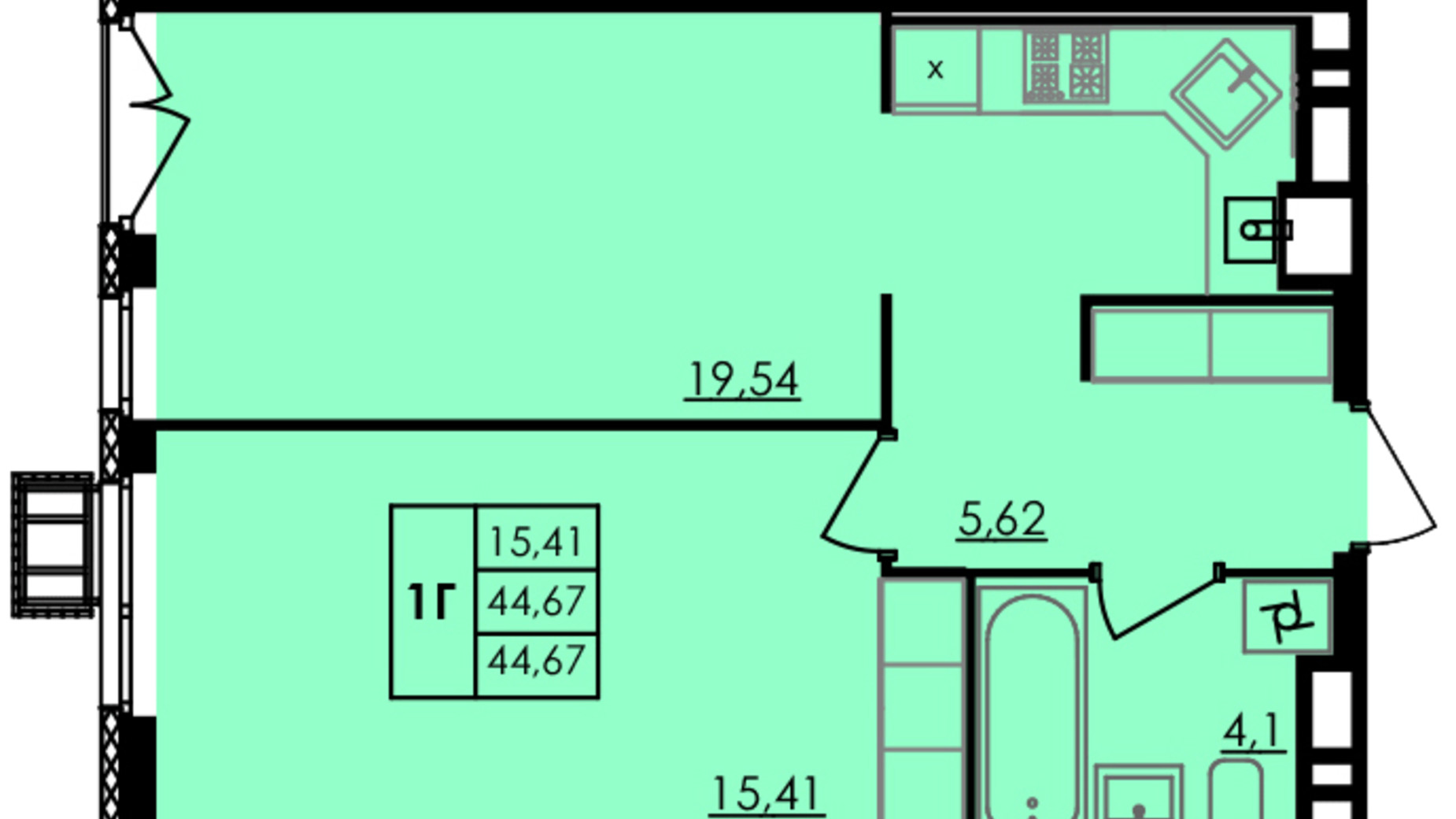 Планування 1-кімнатної квартири в ЖК City Park 44.31 м², фото 506995