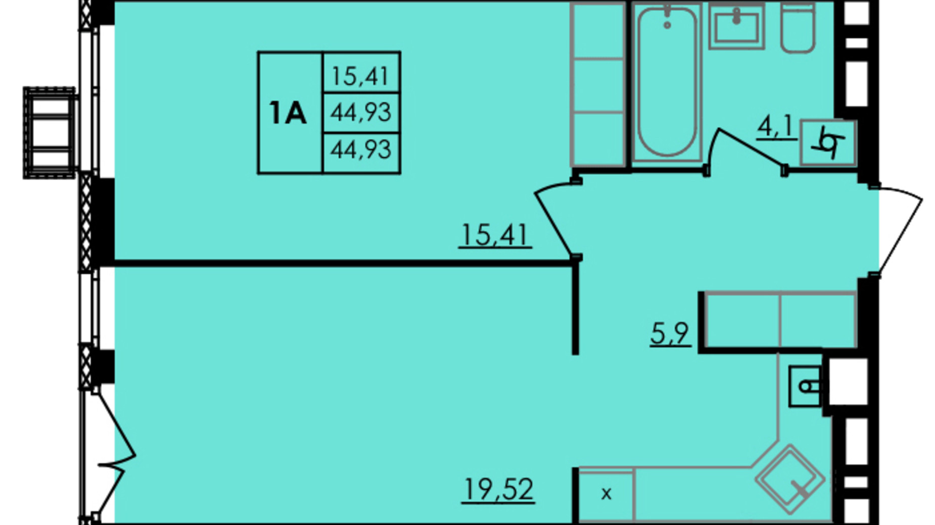 Планування 1-кімнатної квартири в ЖК City Park 44.93 м², фото 507004