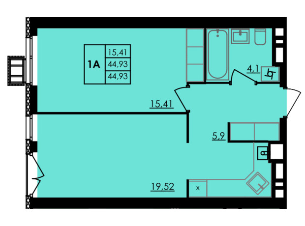 ЖК City Park: планування 1-кімнатної квартири 44.93 м²