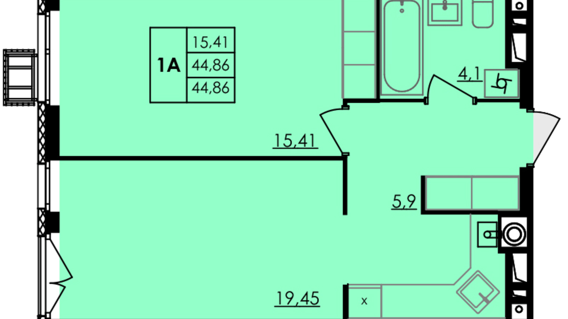 Планування 1-кімнатної квартири в ЖК City Park 44.86 м², фото 507012