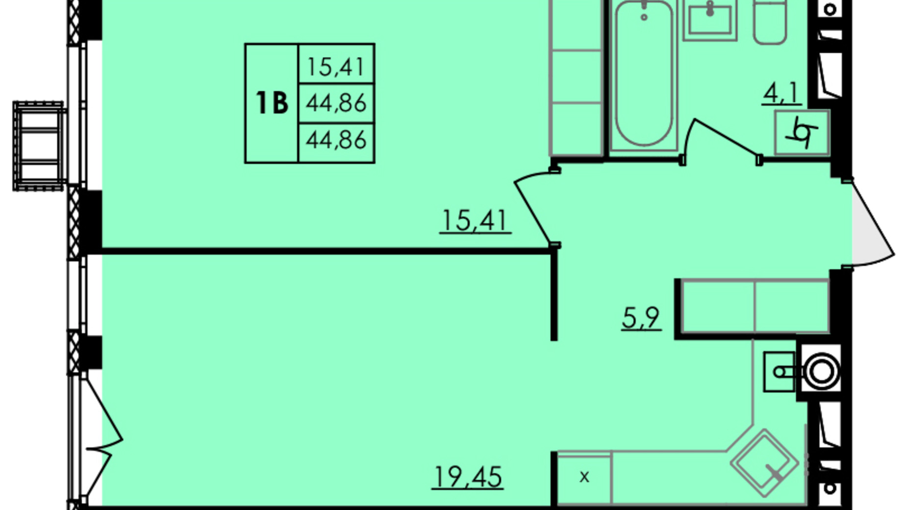 Планировка 1-комнатной квартиры в ЖК City Park 44.86 м², фото 507013
