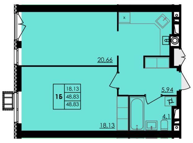 ЖК City Park: планування 1-кімнатної квартири 48.83 м²