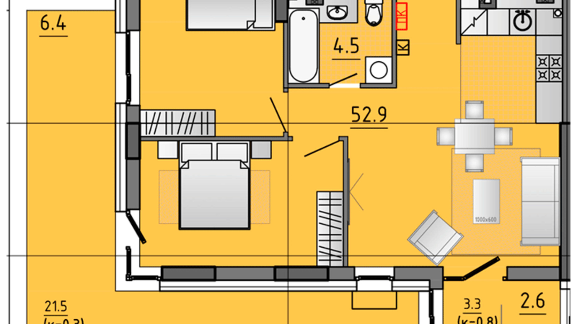 Планування 2-кімнатної квартири в ЖК Космос 66.4 м², фото 507019