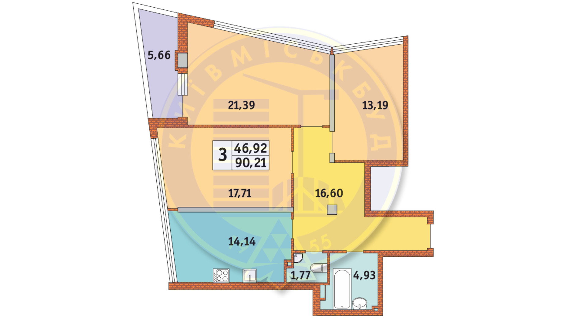 Планировка апартаментов в ЖК Costa Fontana 88.55 м², фото 507068