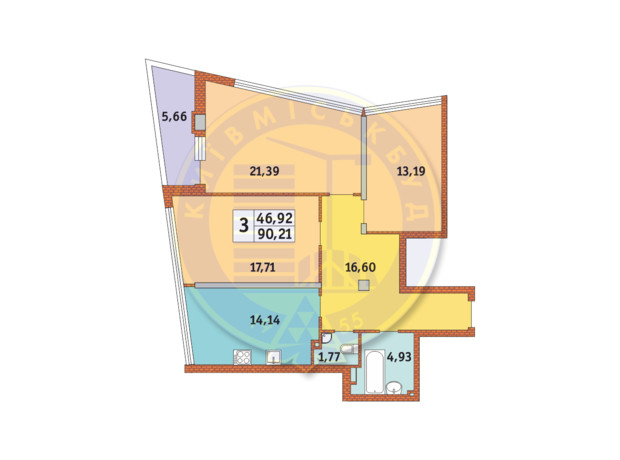 ЖК Costa Fontana: планировка 1-комнатной квартиры 88.55 м²