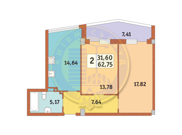ЖК Costa Fontana: планировка 1-комнатной квартиры 64.05 м²