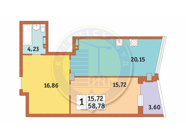 ЖК Costa Fontana: планування 1-кімнатної квартири 64.22 м²