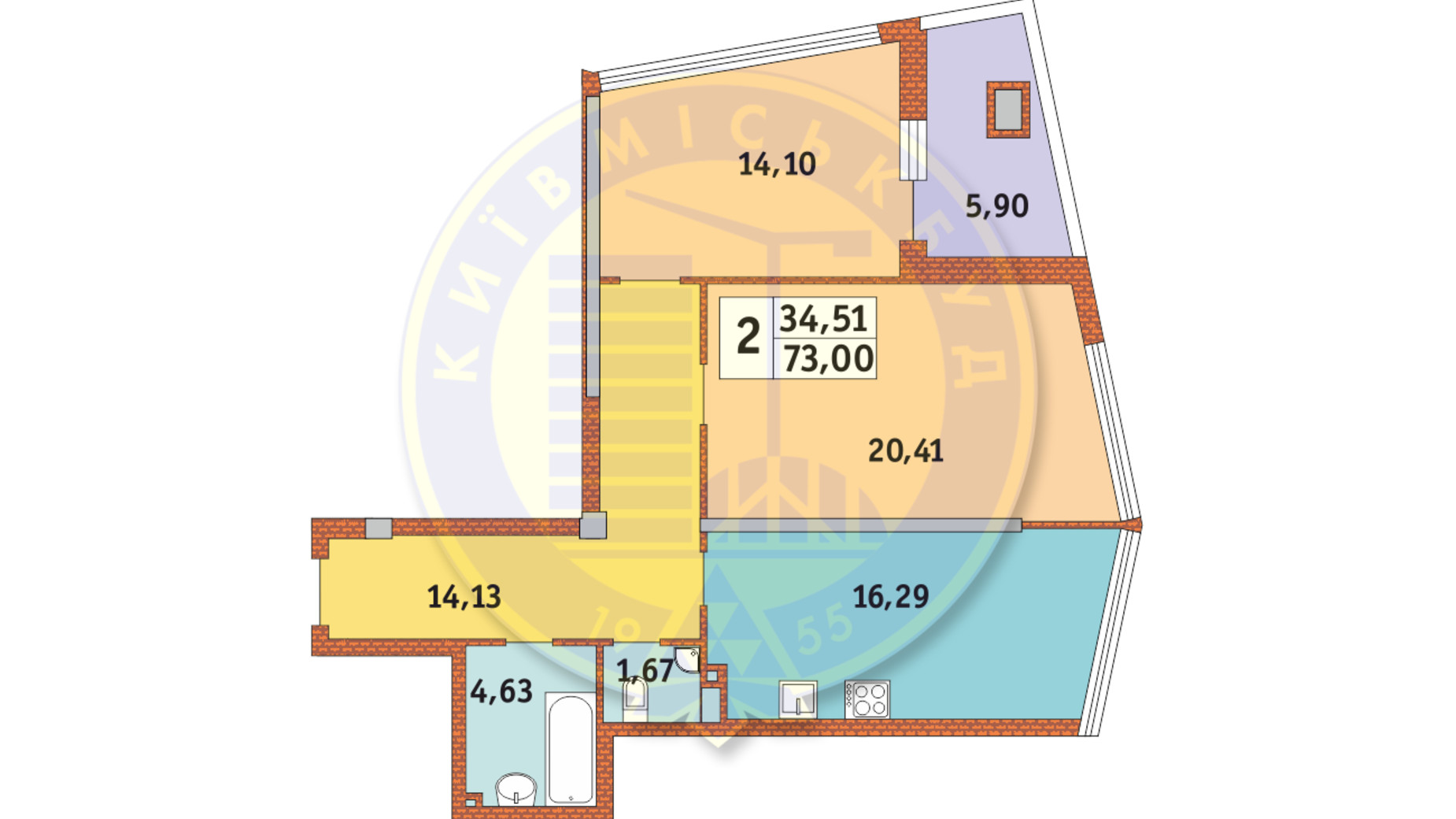 Планировка апартаментов в ЖК Costa Fontana 74.45 м², фото 507080