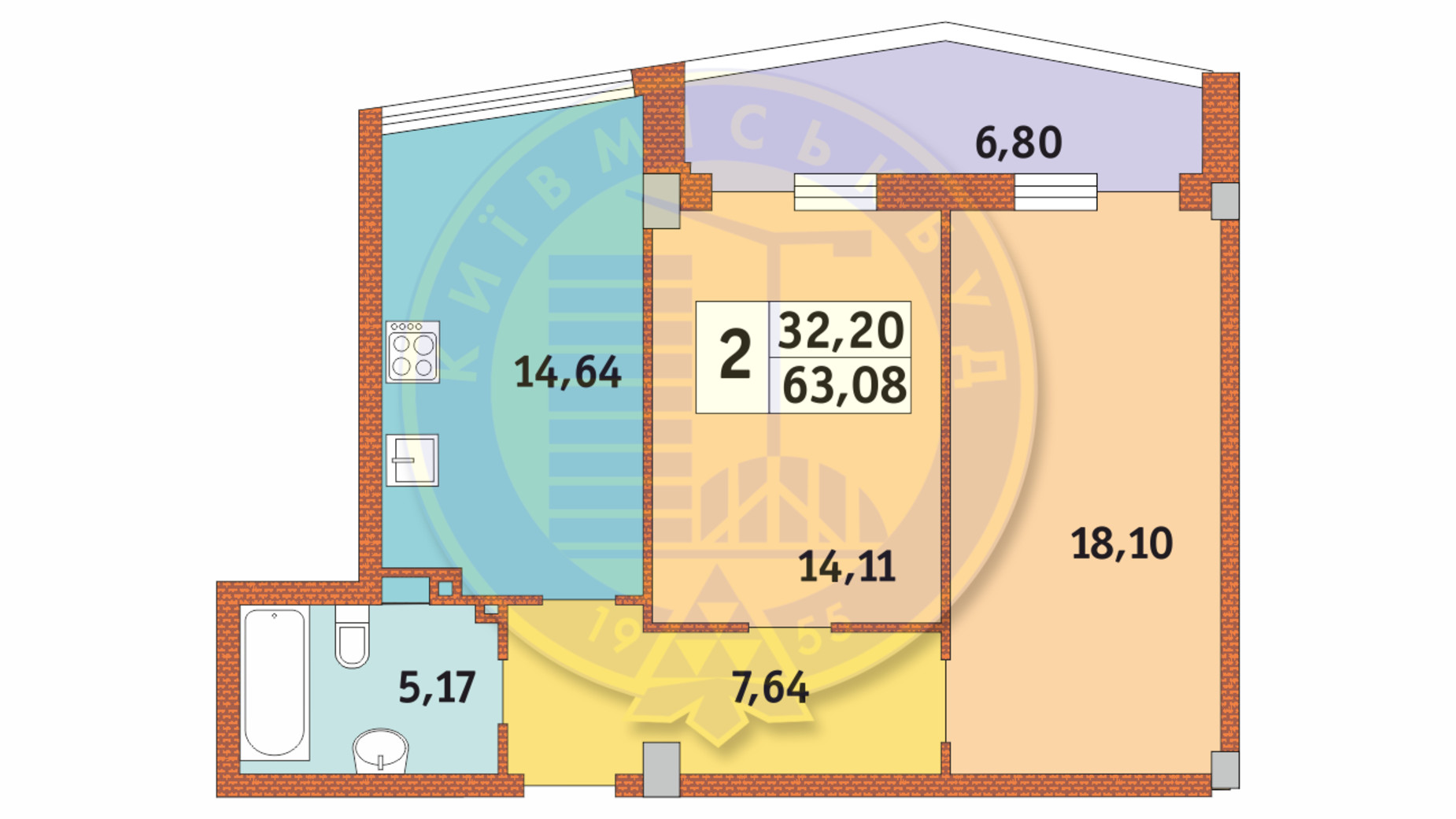 Планування апартаментів в ЖК Costa Fontana 63.08 м², фото 507081