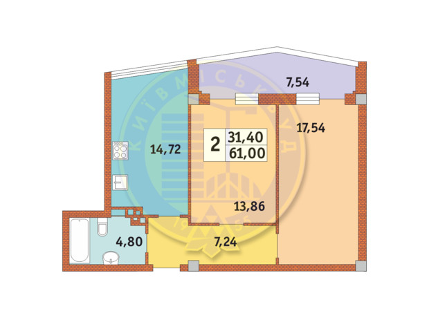 ЖК Costa Fontana: планування 1-кімнатної квартири 64.75 м²