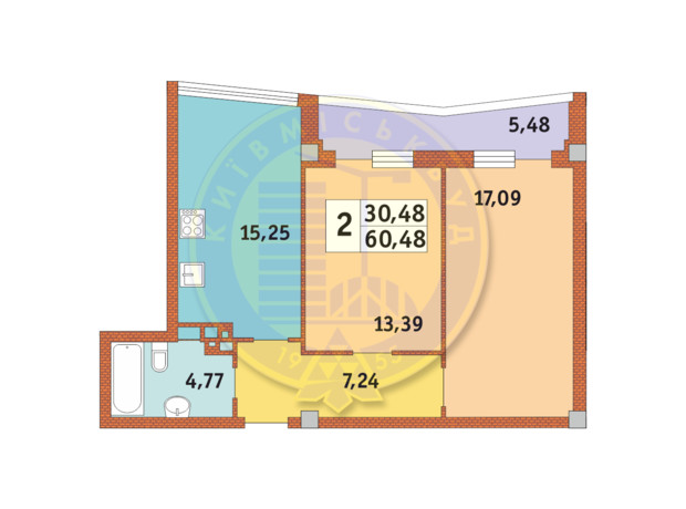 ЖК Costa Fontana: планировка 1-комнатной квартиры 60.48 м²