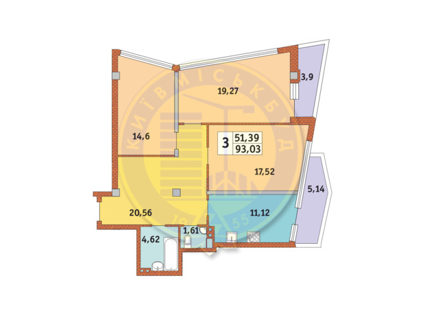 ЖК Costa Fontana: планировка 1-комнатной квартиры 91.25 м²