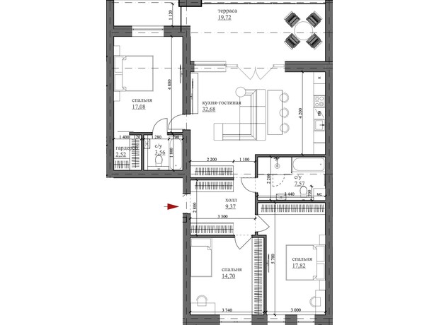 ЖК Apartment like House: планування 4-кімнатної квартири 125.02 м²