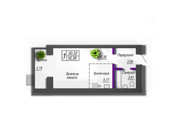 ЖК Домашній 2: планування 1-кімнатної квартири 30.32 м²
