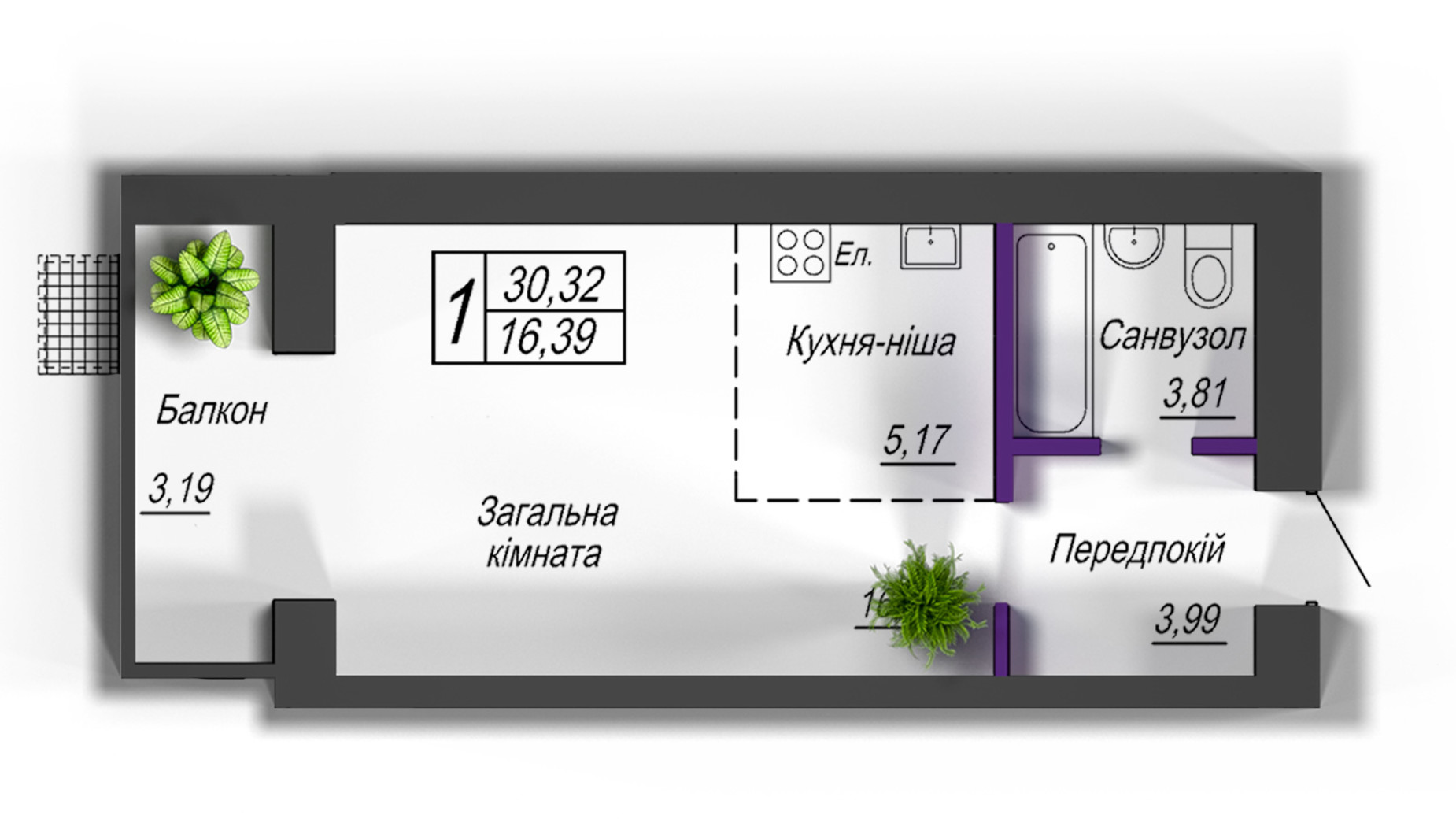 Планировка смарт квартиры в ЖК Домашний 2 30.32 м², фото 508200