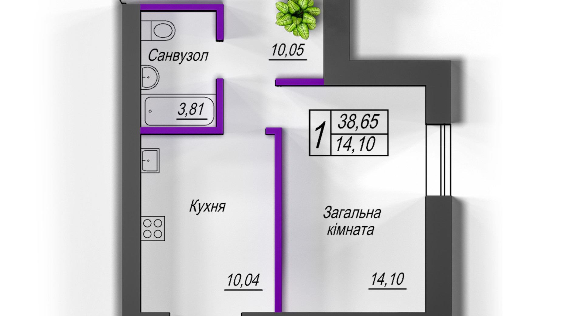 Планування 1-кімнатної квартири в ЖК Домашній 2 38.65 м², фото 508202