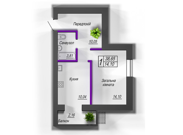 ЖК Домашній 2: планування 1-кімнатної квартири 38.65 м²